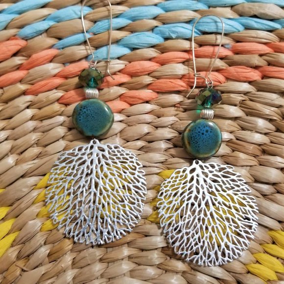 Artisan Hand Crafted Earrings Silver Leaf Teal Beaded Pierced - Picture 2 of 5